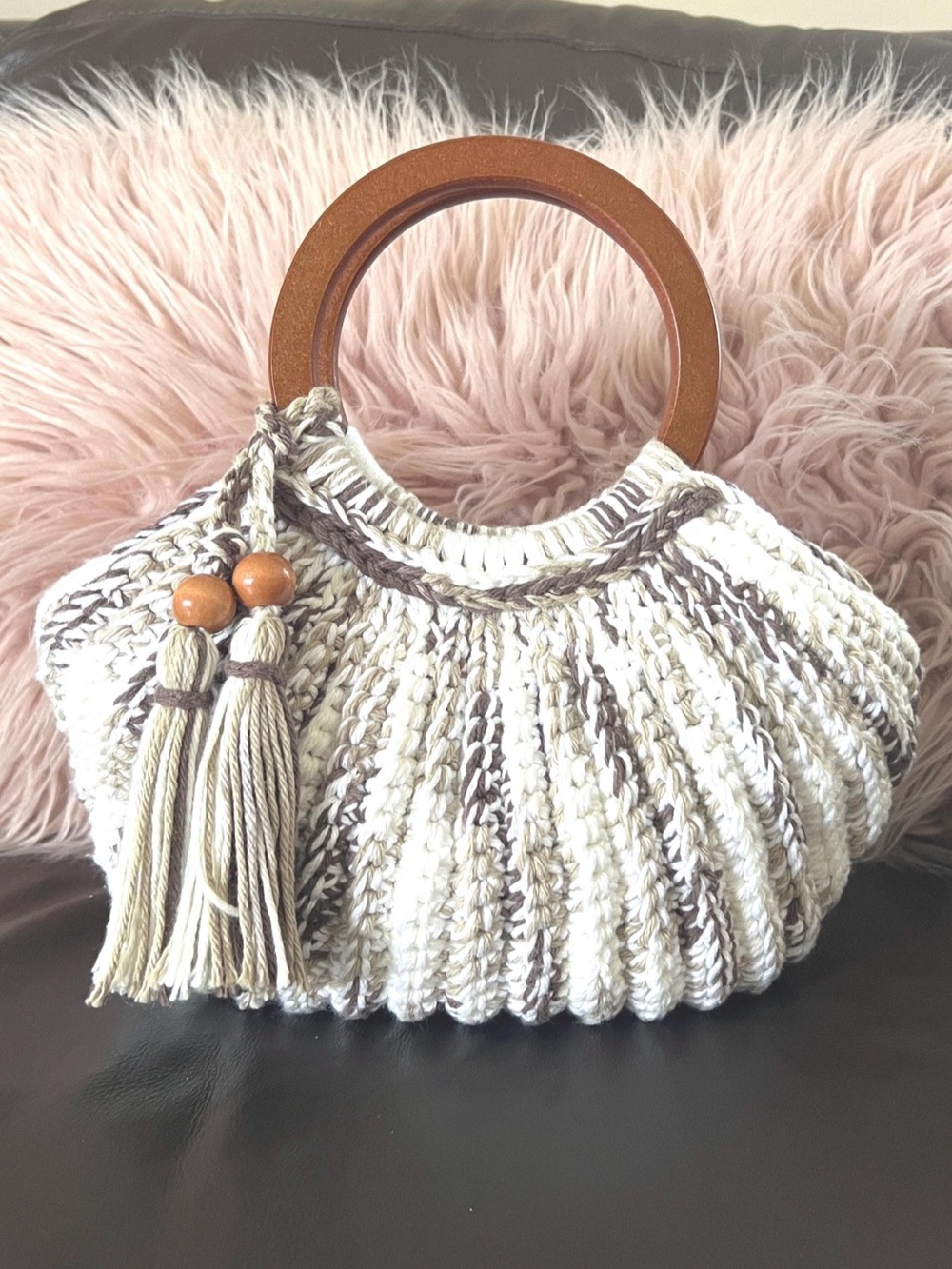 Handmade Cream & Brown Knit Tote with Wooden Handles